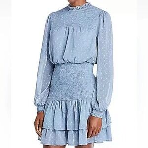 AQUA Medium Slate Blue Clip Swiss Dot Smocked Blouson Dress Feminine‎ Delicate